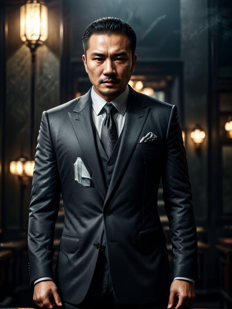 Portrait of a Chinese mafia boss in formal suit