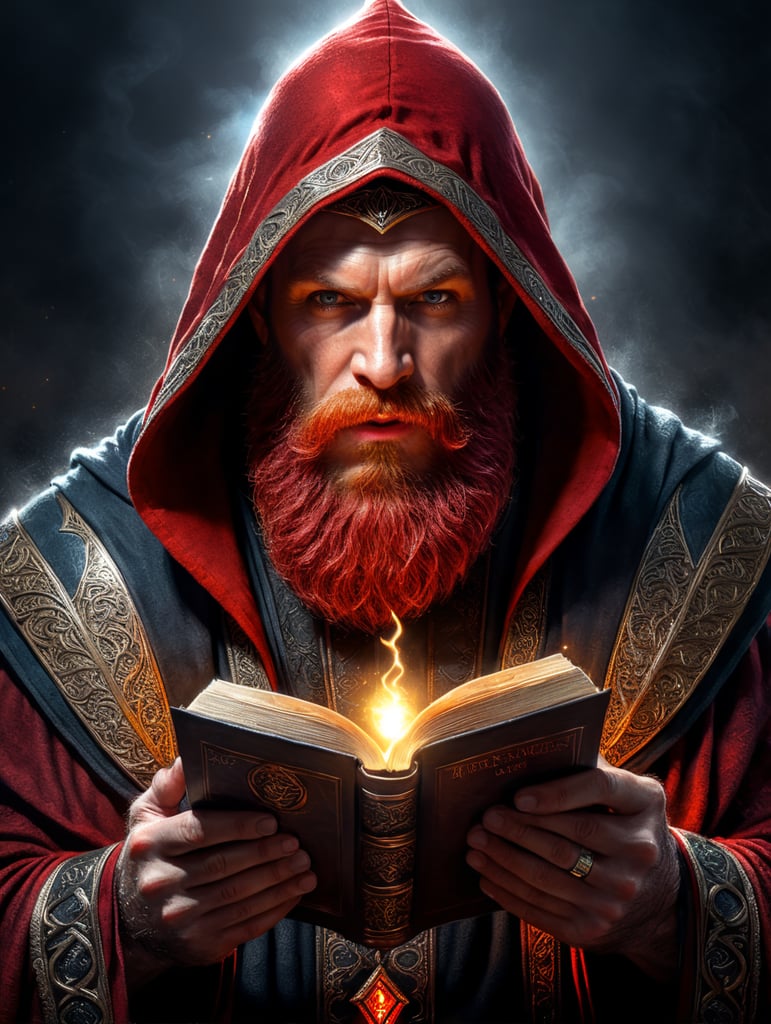 red bearded sorcerer, hood covering most of his face, holding open a spell book with glowing pages, comic book art