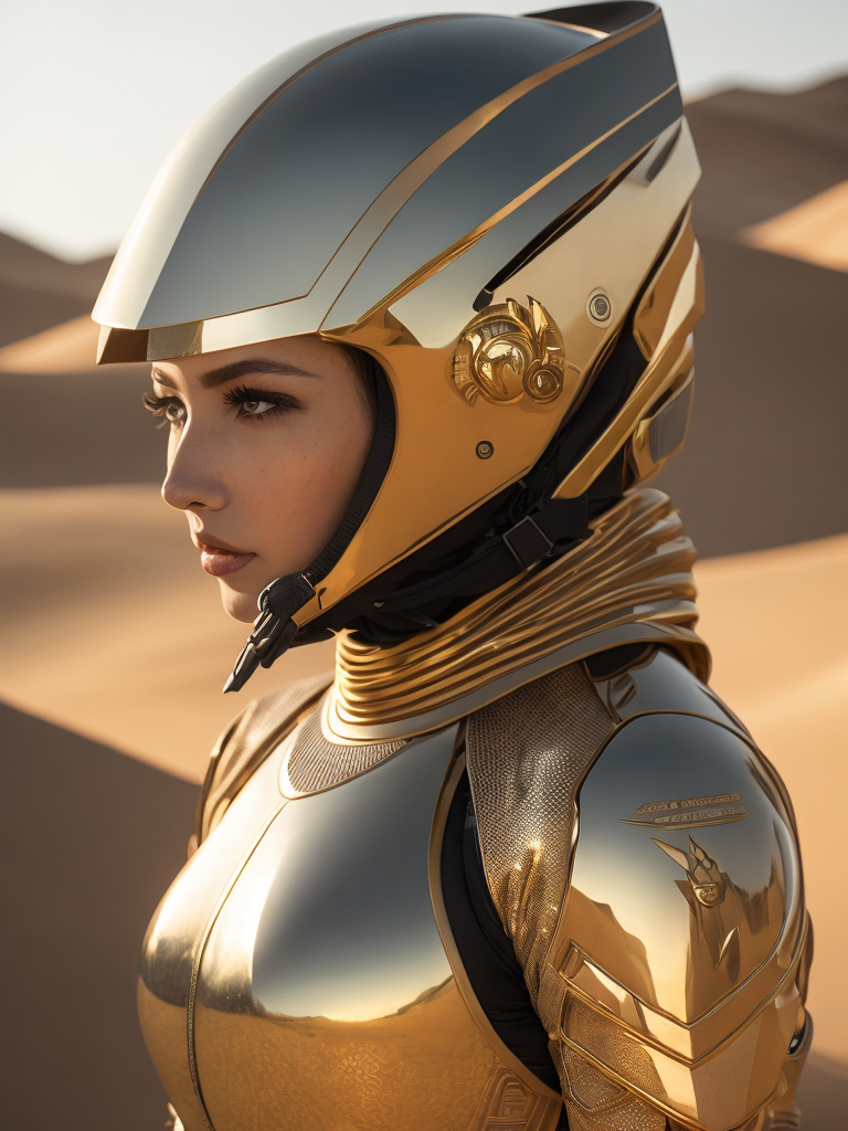 Cyber girl wearing gold chrome helmet, shining reflections, walking in the desert, photorealistic, hyper-detailed, dune atmosphere