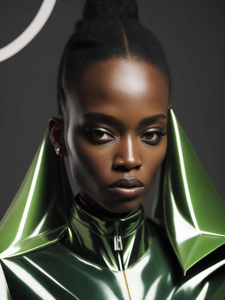 Serious black female model, looking diagonally, dressed in extravagant and vanguardist clothing, plastic and latex materials, abstract shapes, asymmetric techno ornaments, predominant green, 4k, medium shot, cinematic photography, Iris van Herpen style.