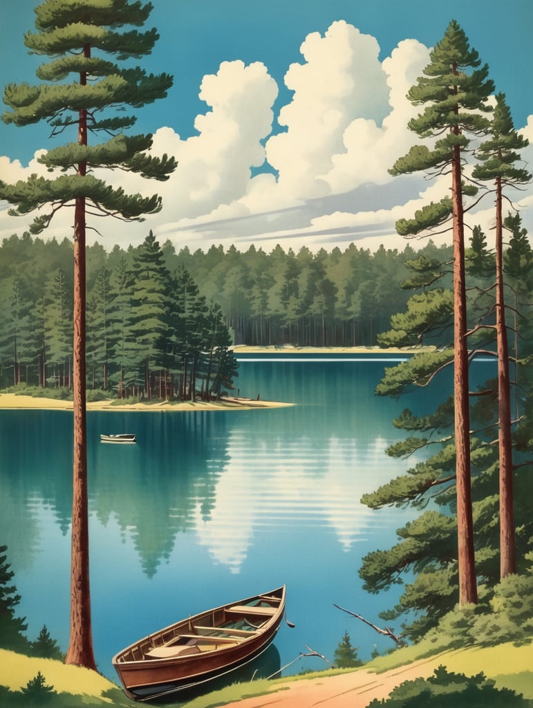 1940's colorful illustration of a lake with a boat, pine trees, blue skies with clouds
