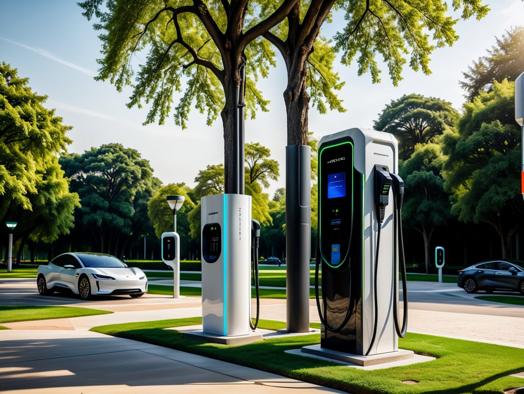 Modern fast electric vehicle chargers for charging car in park