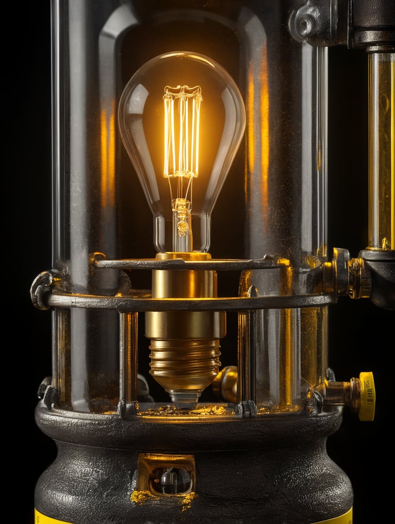 A chemical test tube working like a bulb lamp, black background, yellow details