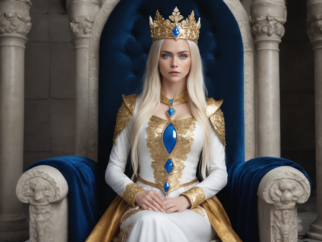 Woman with platinum long hair and blue eyes wearing golden crown and white and golden medieval clothes, sitting on a black stone throne in a stone dark throne room