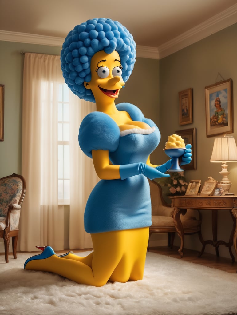 Photorealistic, Photograph of woman in a Marge Simpson costume, Simpsons TV haute couture, 1950s housewife, hirsute, magic, dream sequence, vibrant, hyper-realistic photograph, dreamlike figure, etherial figure, higher consciousness, shot with Canon EOS R5 RF 100mm F2. 8L MACRO IS USM,