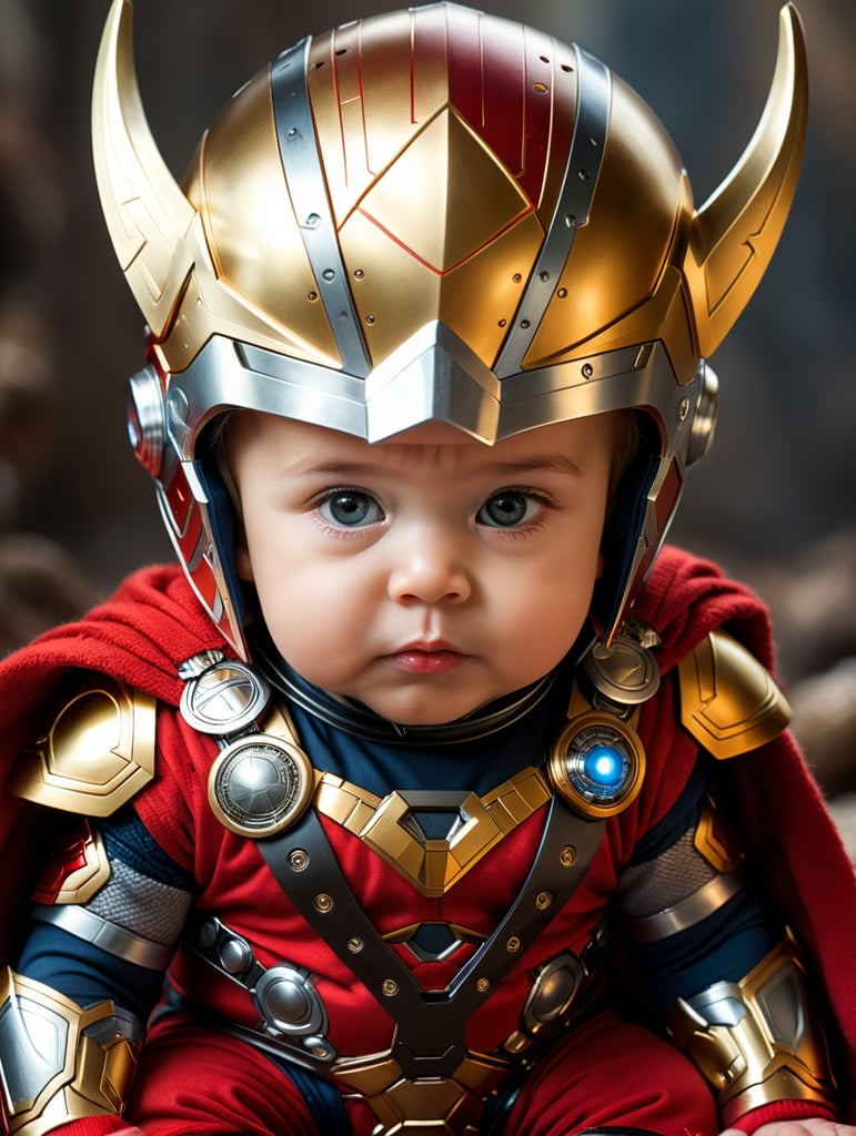 The adorable photo showcases a baby dressed in an thor costume, capturing the essence of the iconic superhero. the little one is nestled comfortably in a red and gold onesie that mimics thor famous armor. the suit features meticulously crafted details, including the arc reactor on the chest and the intricate designs on the helmet. the baby's chubby cheeks and bright eyes give them an extra dose of cuteness as they gaze curiously at the camera, seemingly ready to take on the world.