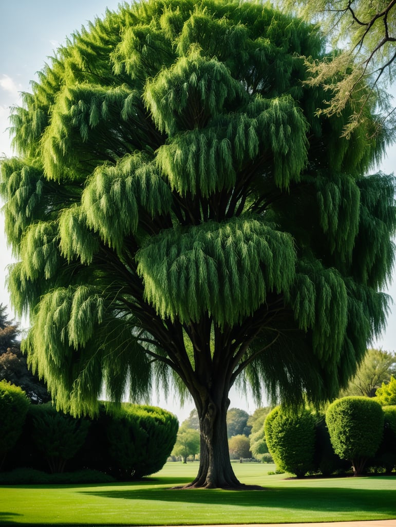 Huge tall green willow on the lawn