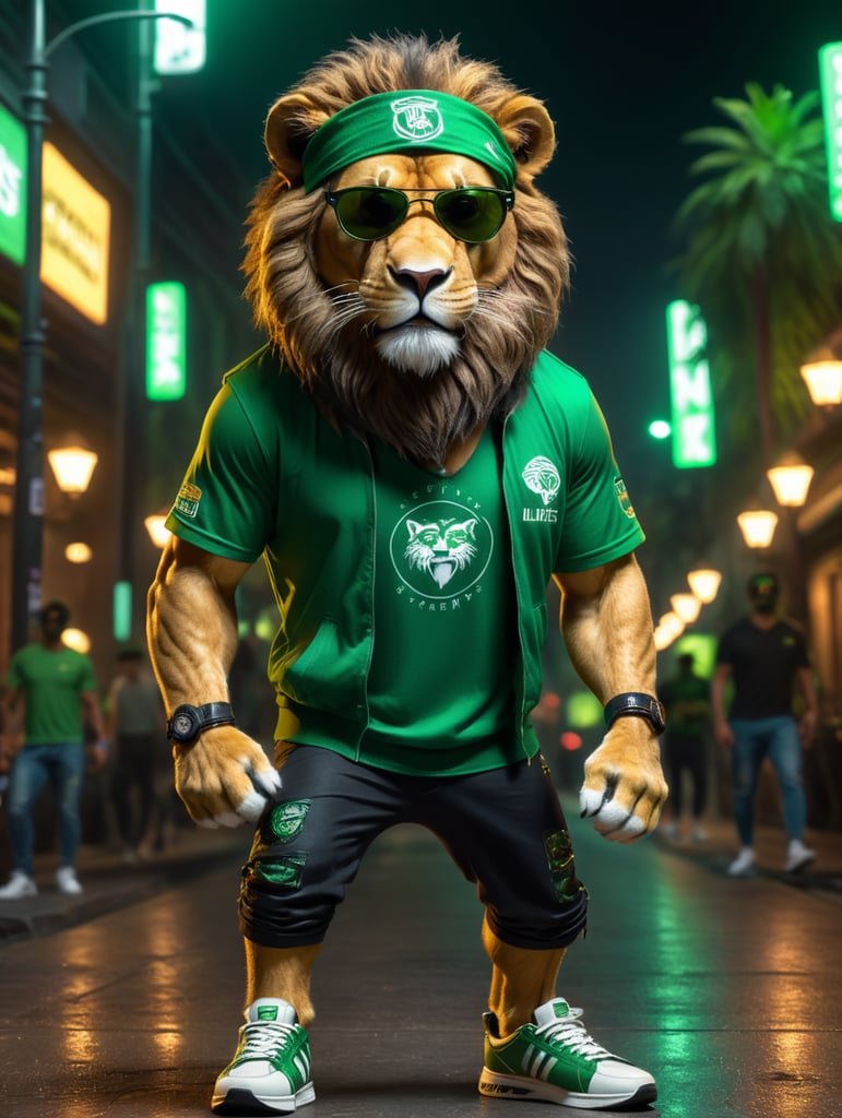 realistic lion, wearing green night life outfit and sneakers,8k, unreal engine render, full body wearing sunglasses and bandana