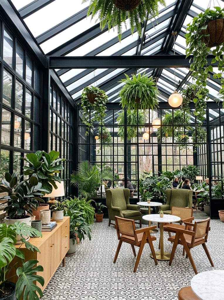 A sophisticated greenhouse lounge blends classic architectural elegance with abundant botanical elements under a bright pitched skylight. Tall black metal-framed glass walls partition the space, resting on an intricately patterned floor of black, white, and gray geometric tiles. Olive green upholstered high-back armchairs and sleek mid-century wooden chairs surround small round white marble cafe tables. Lush ferns cascade from overhead black structural beams, joining large potted broadleaf plants on a light wooden foreground credenza. Warm spherical pendant lights reflect in the expansive multi-paned windows. The deep eye-level perspective captures the striking contrast between the rigid black architectural grid structures and the soft organic green foliage illuminated by diffused natural daylight.