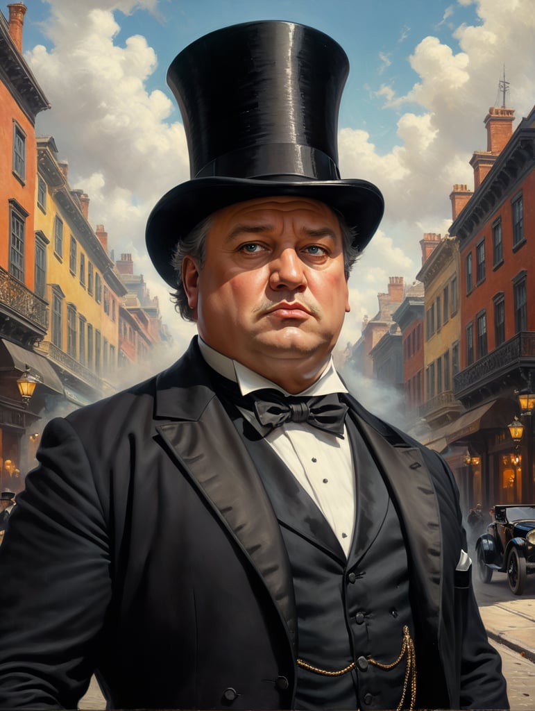 Portrait of a very rich obnoxious and polished fat businessman, wearing a black tailcoat and a black top hat, looking up with an arrogant look, standing in the middle of the street, early 19th century, style by Gil Elvgren