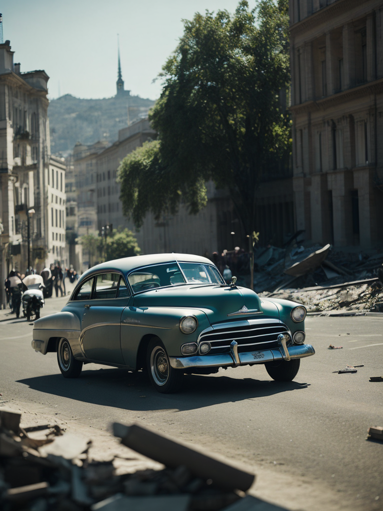black and white photo of a 1952 Gray Chevrolet goes through bombed European city, world war 2