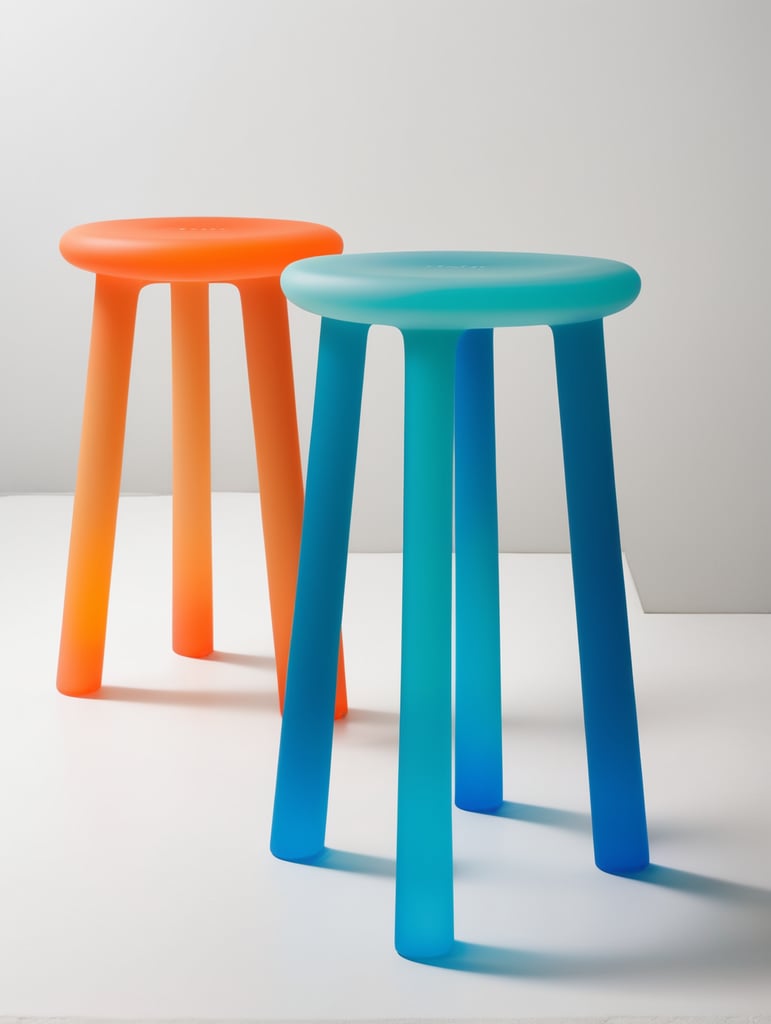 A contemporary minimalist semi-translucent silicone stool with vibrant cyan blue and orange gradient colors as if designed by hi studio.