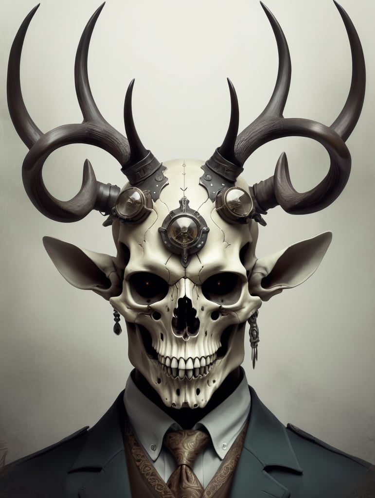 digital art dark fantasy of deer skull headed humanoid detective