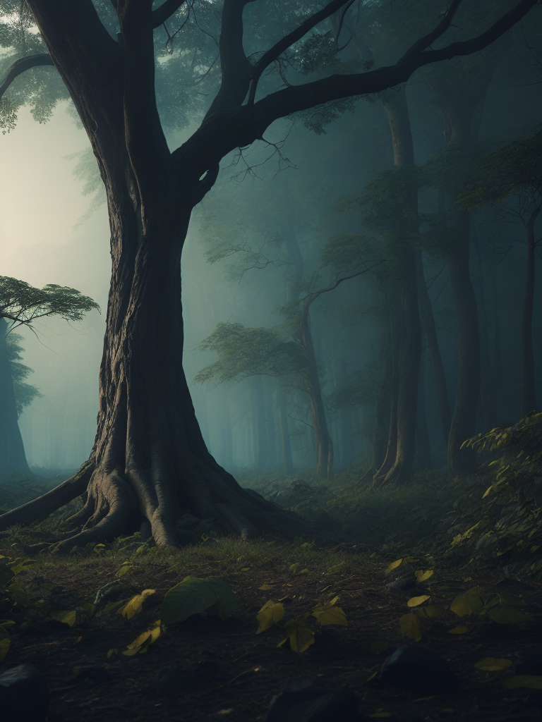 A single century-old tree in a dark forest illuminated by moonlight streaming through its leaves with exposed roots, viewed from a more open plan in an atmospheric atmosphere.