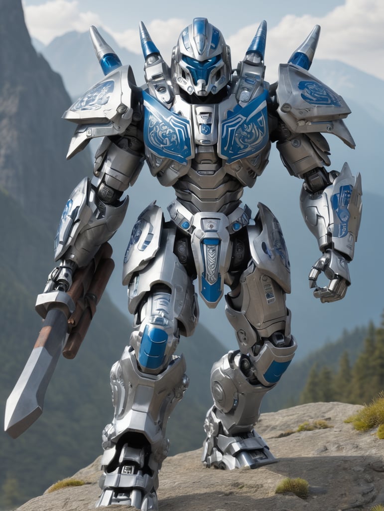 Bionicle, Hewkii, mechanical warrior, wielding axe, striding forward, mountainous background, holding small axe in left hand, shoulder-mounted blaster, heavy armor, pistons, large metal feet, droid, wearing mechanical mask, cyberpunk, hoses running along back