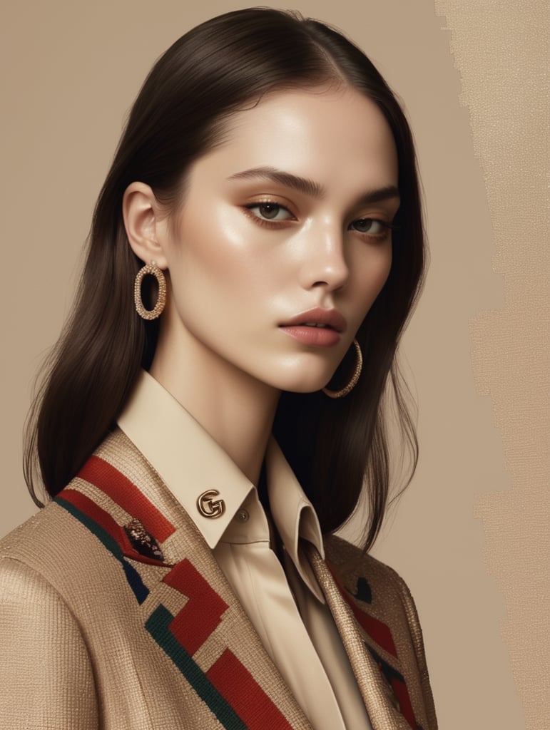 broken pixels portrait, vogue aesthetic, gucci style. beige tones, skinny