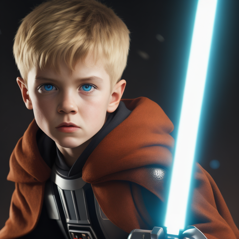 a 6 year old boy adventurer similar to Jedi from starwars, starwars universe, creative, and kind-hearted person with short blonde hair, big blue eyes, small nose, fighting against Darth Vader with Light Saber, rendered using beautiful Disney animation, Pixar style, Disney style, 3D style