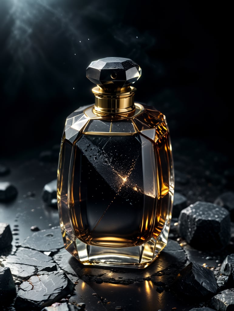 professional photography of a luxury perfume, square chrome bottle, faceted black stone in the form of a cap, surrounded by particles and dust, no label, clear, mockup