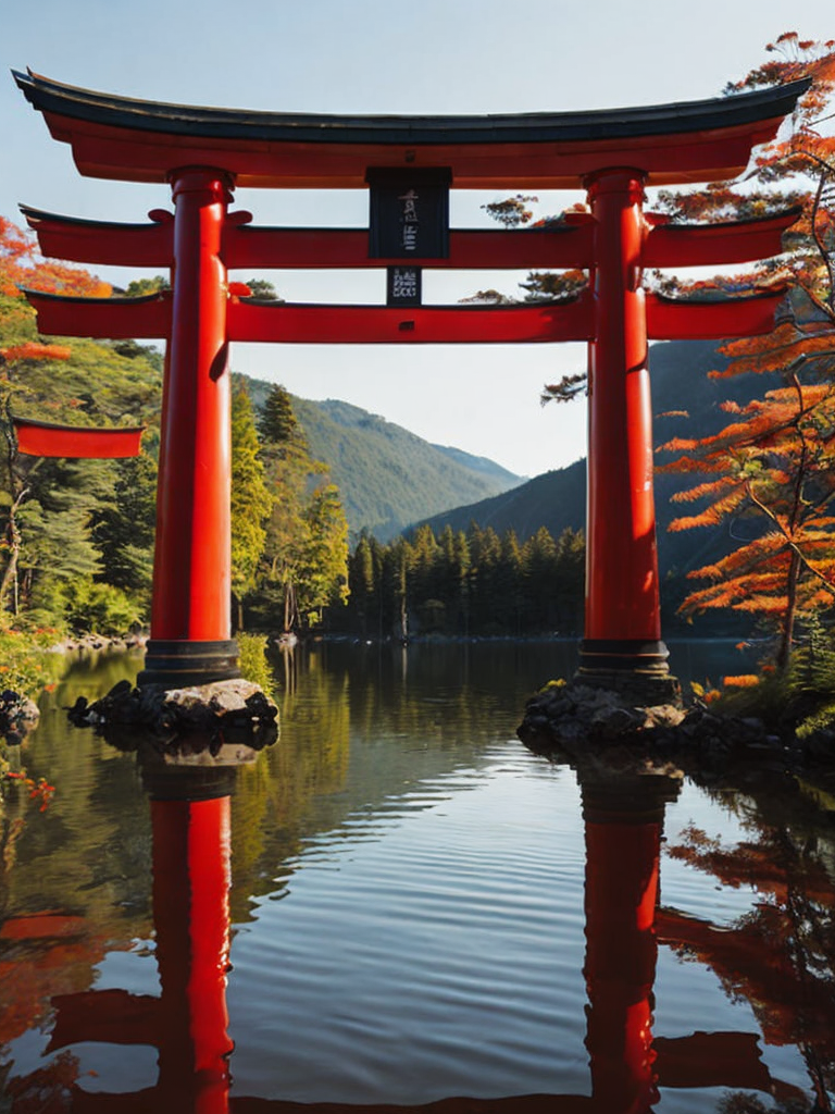 Red torii gate in middle of a lake, Dense forest on the edge of the lake, Bright and saturated colors, Japanese culture, photorealistic, contrast light
