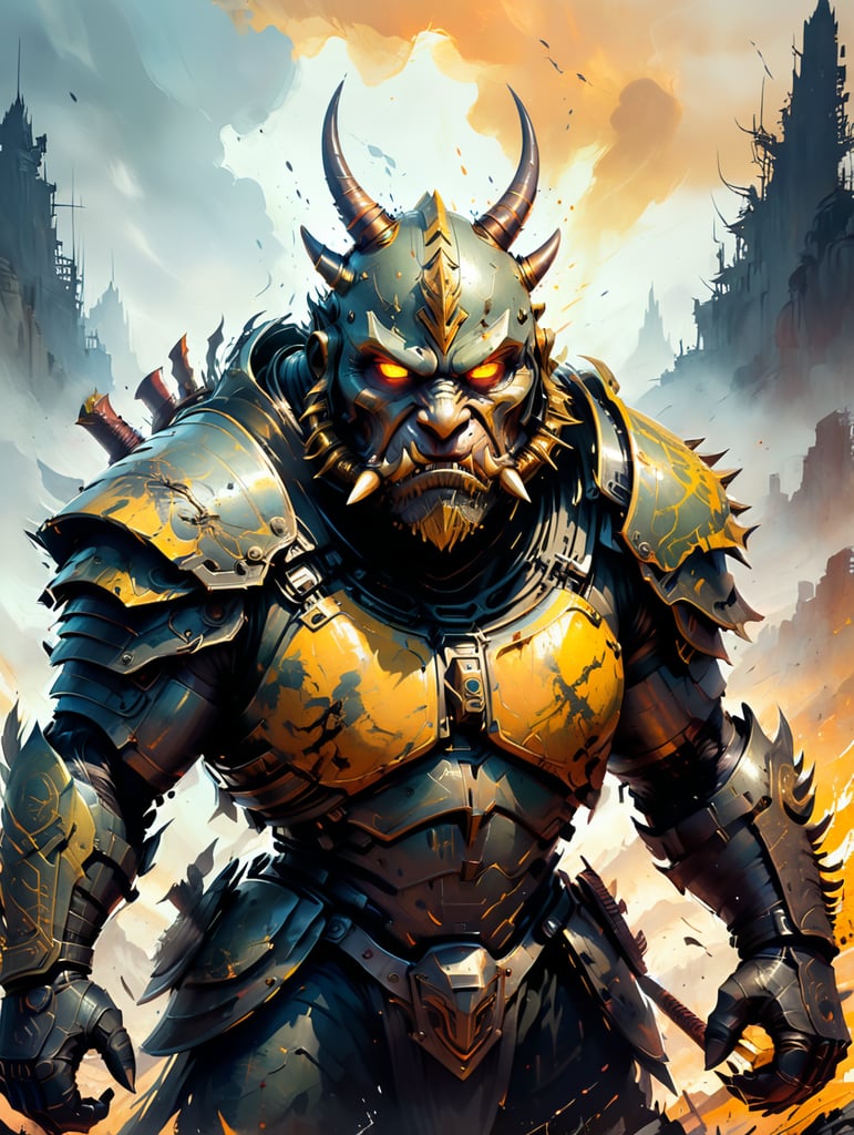 army of (obese demons with large tusks, snub nose with large nostrils, skin covered in pustules, with glowing yellow eyes, short horns, dark bristly hairs running from center of head down to the back, wielding armorslayer sword and large spiked shield, clad in menacing armour); desolate battlefield in in style of oil painting