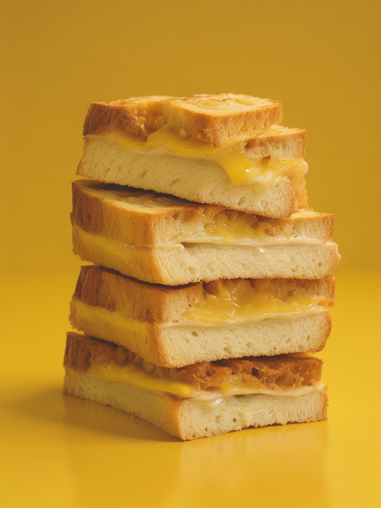 a stack of four toasts on which honey flows, yellow background, highly detailed, dynamic shadows, professional photo