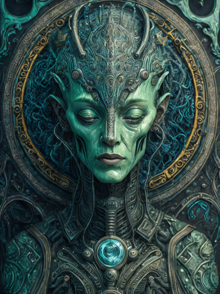 Portrait of an alien, batik, intricate details, surreal, Alien, Cyberpunk Trashcore Style, green and ice blue, s 1000