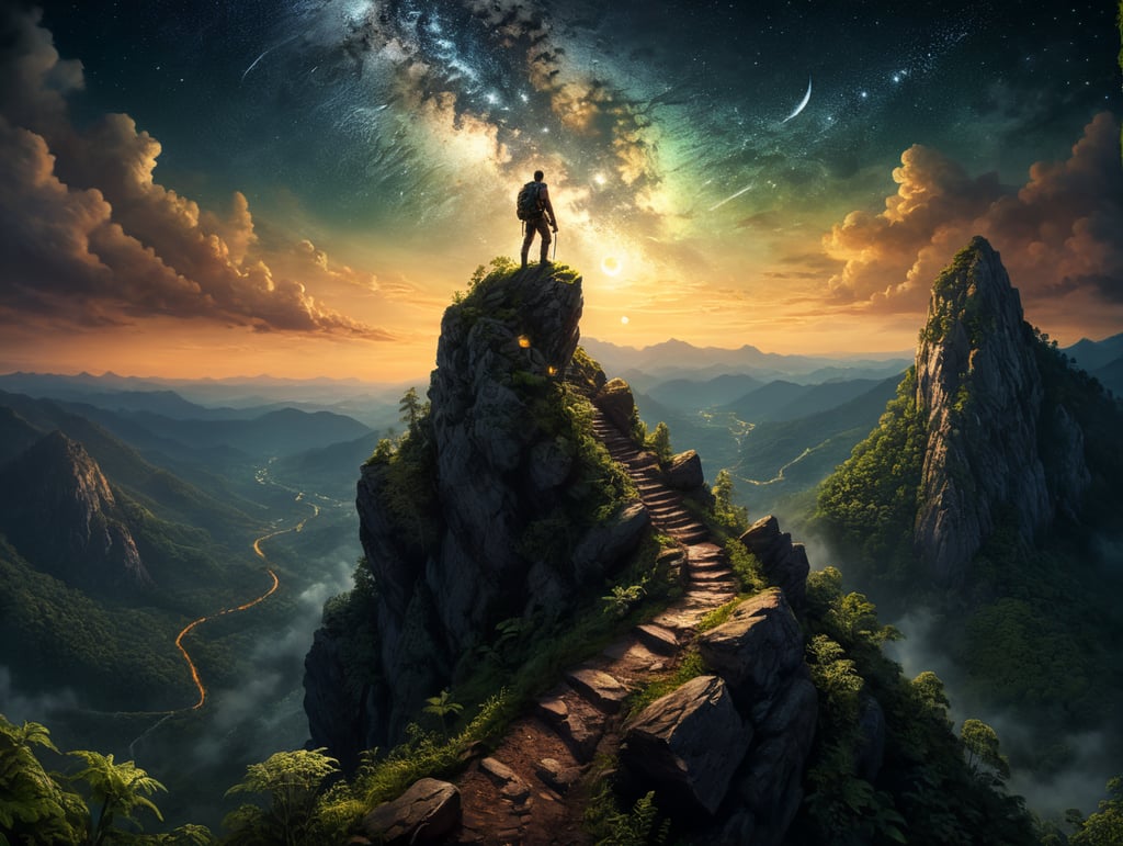 man to the top in the middle of the mountain forest, night, five months