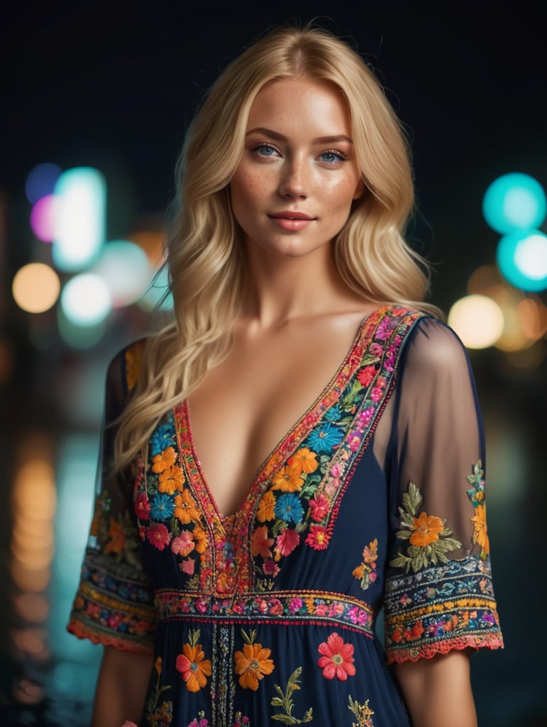 Beautiful blonde woman with freckles, wearing a colorful, vibrant, detailed embroidered dress, medium-full shot, at night