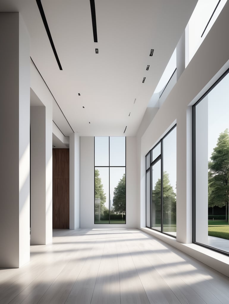 Generate a highly realistic image of a modern architecture empty in an elegant style, empty, showcasing a minimalist design. generate an empty room without any furniture