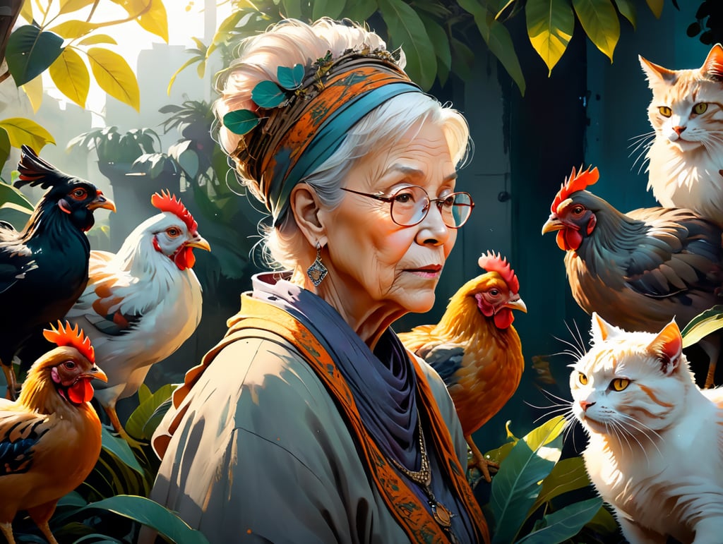 a grandma wearing oversized clothes and plants in her hair surrounded by lots of cats coffee and chickens