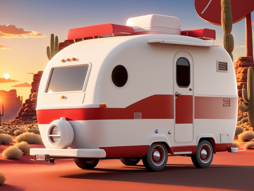 red and white camper driving into the sunset in Arizona