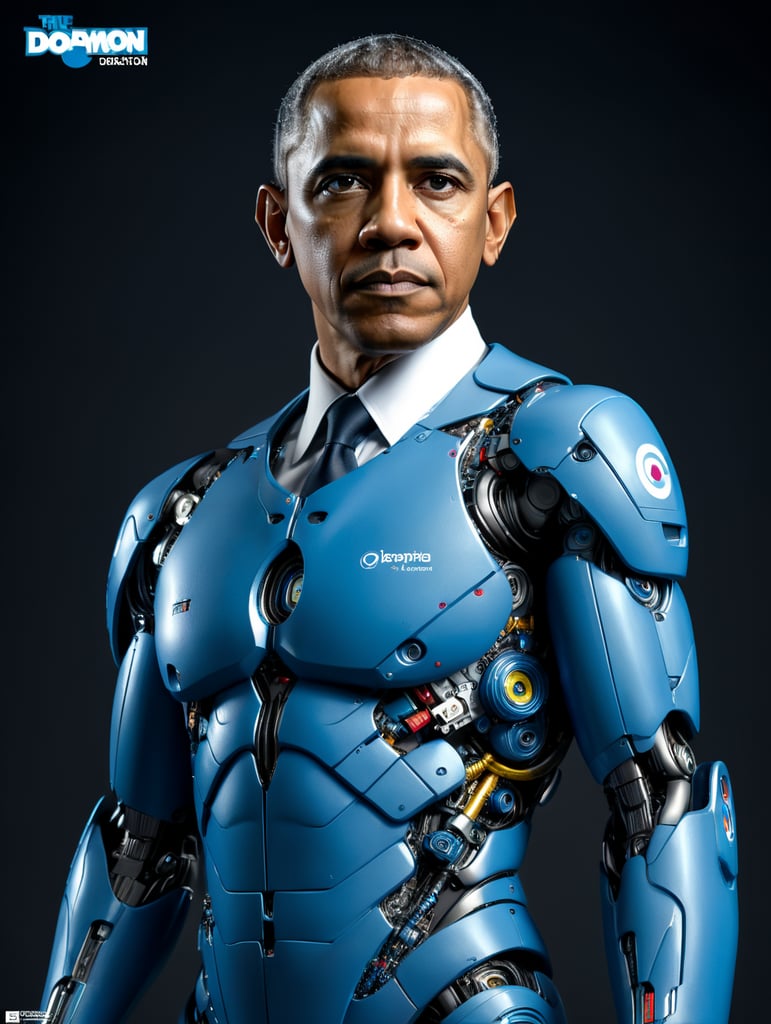 Barack Obama whole body and head painted with blue Doraemon. The image styled with Platon Antoniou photographer take a colour photo. Obama pose standing without expression. Just empty stare.