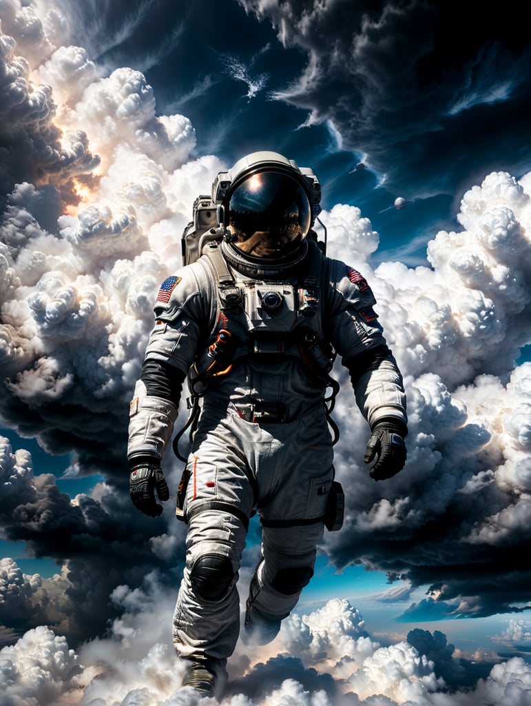 astronaut cloud surfing on white fluffy clouds