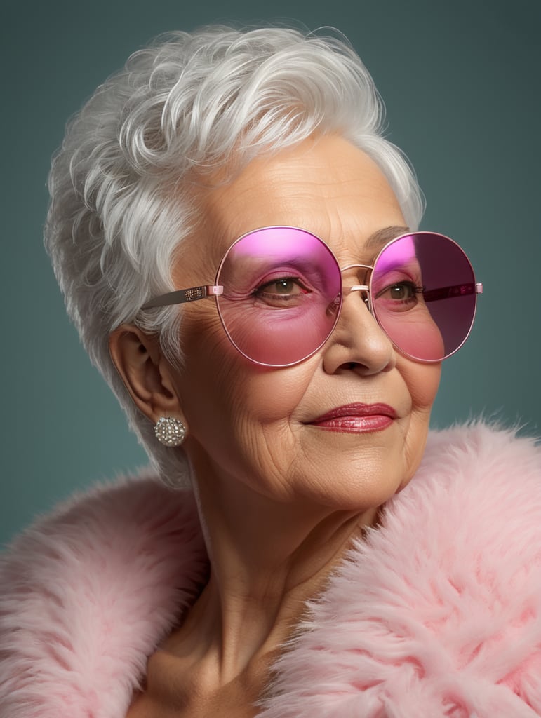 A portrait of a beautiful older woman grandma with white platinum short tall hair tanned skin big bust and big pink glasses, wearing a white fluffy fur coat with fur hoodie, glamorous Hollywood portrait, highly realistic, daz3d, women designers, high resolution, very fashionable, and stylish, colorful like a Wes Anderson movie portrait