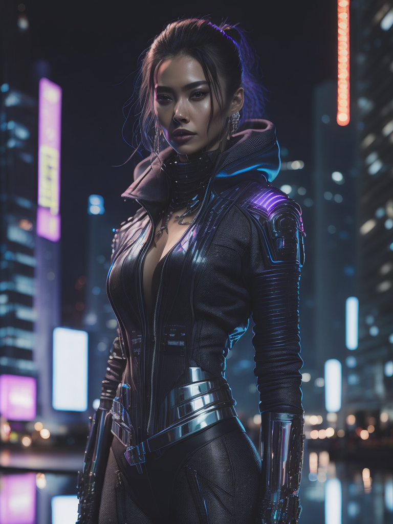 A woman wearing holographic cyberpunk clothing, surrounded by neon-lit cityscape reflections, vray render, ray tracing, subsurface scattering, by Josan Gonzalez and Liang Mark