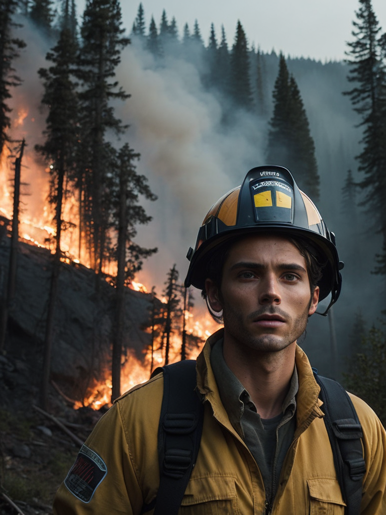 epic portrait of a Firefighter, forest fire, British Columbia Wildfire, Canada