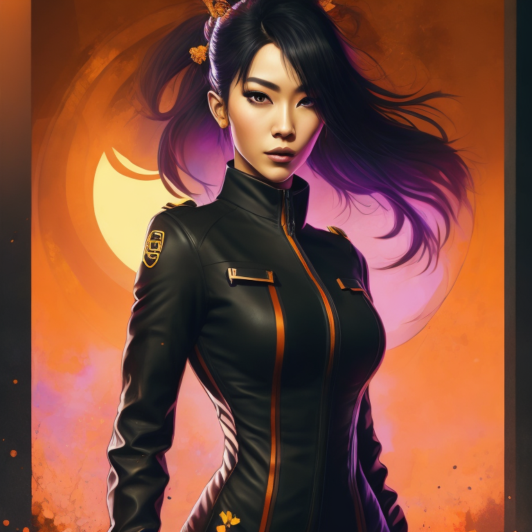 a girl in black and pink with some japanese writing on it, in the style of retro-futuristic propaganda, purple and cyan, anime aesthetic, steelpunk, comic art, qing dynasty, experimental form