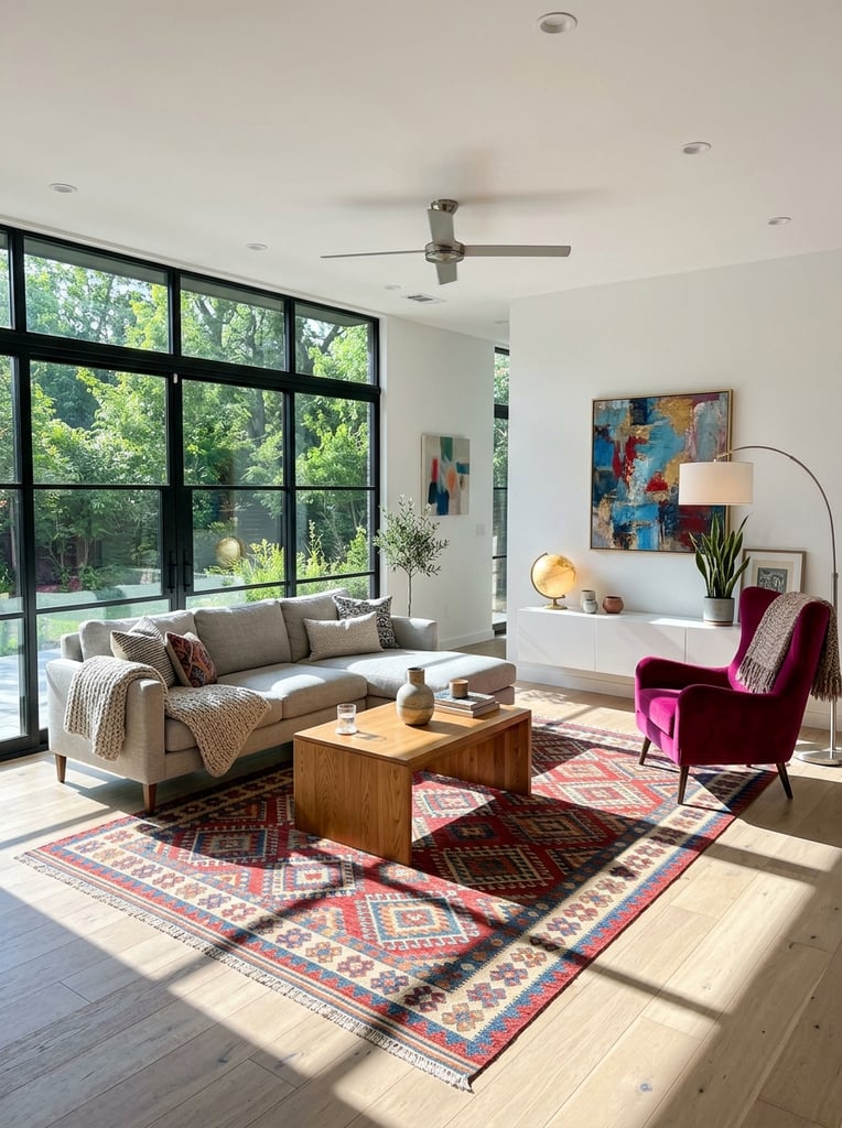 A bright modern living room features a striking magenta accent chair and a geometric rug illuminated by intense natural sunlight. A light grey sectional sofa and a wooden coffee table rest on the vibrant rug decorated with red, blue, and beige diamond motifs over light wood flooring. Expansive black-framed glass doors on the left reveal lush greenery, casting sharp shadows across the floor. White walls display abstract paintings above a sleek white console holding a globe lamp and small ceramics. The architectural photography captures the minimalist aesthetic and dynamic directional daylight.