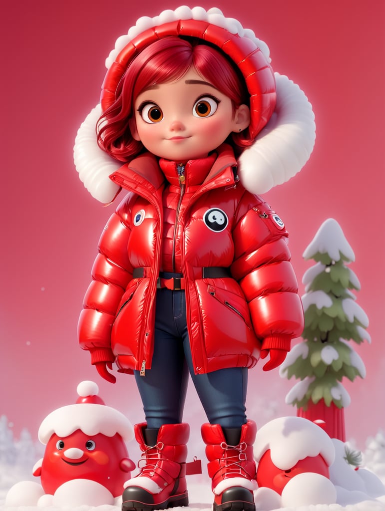full body girl in a red glossy puffer jacket with bulky belt and massive zipper tab around waist and red glossy down puffer boots