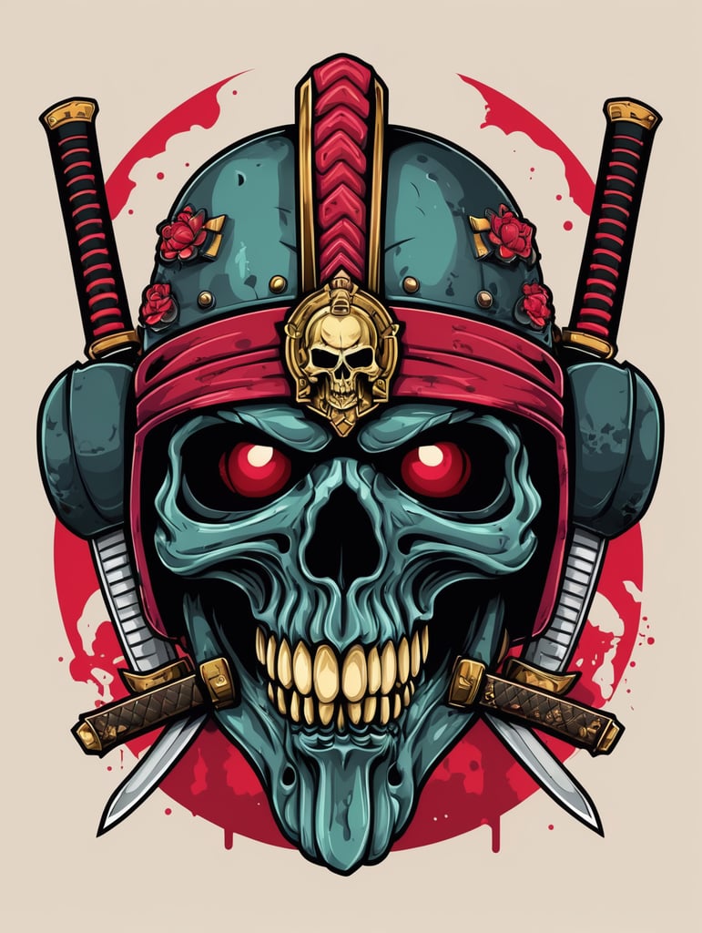 Zombie Skull with Japanese samurai helmet, mascot logo, e-gaming, bright colors, Gaming Logo, vector image