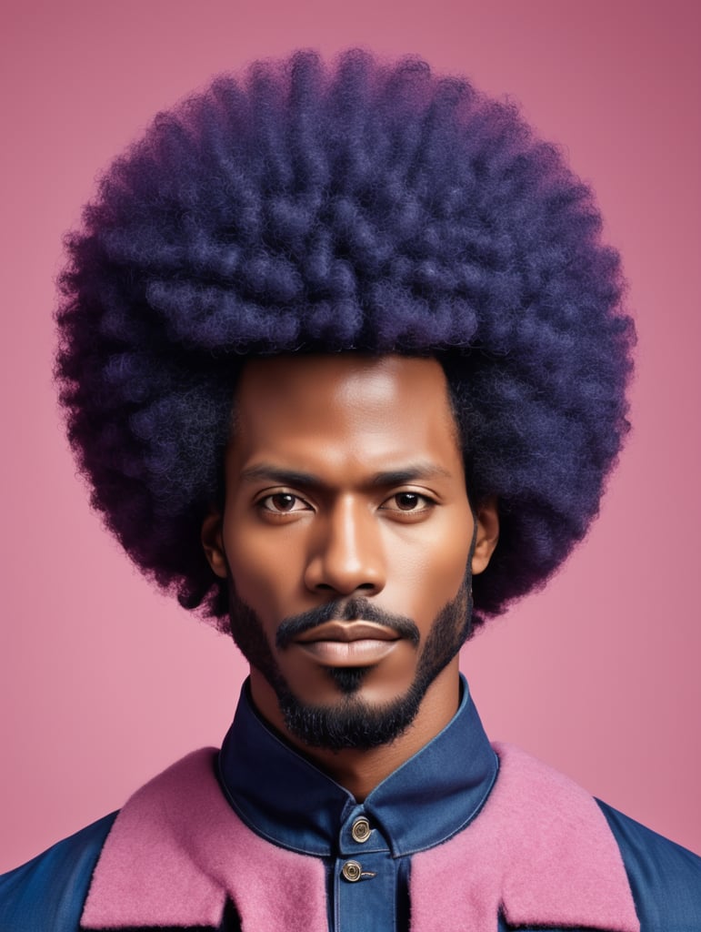 Afro ebony man, avant-garde, simplygo, photoshoot spread, dressed in all indigo, pink background, harpers bizarre, cover, headshot, hyper realistic