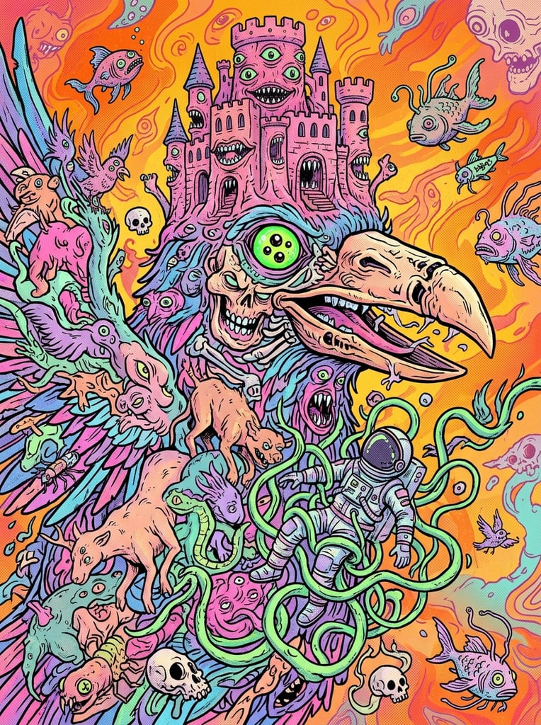 dense psychedelic pop surrealist illustration, massive bird-like creature formed by interlocking bizarre cartoon figures, giant central beak and glowing green eye, topped with a fleshy pink multi-eyed castle with grinning teeth, cascade of mutant animals, tangled astronaut, multi-eyed birds, skulls, surreal floating fish, wavy green vines, vibrant neon and pastel colors, orange and yellow gradient sky, stippled halftone texture, horror vacui composition