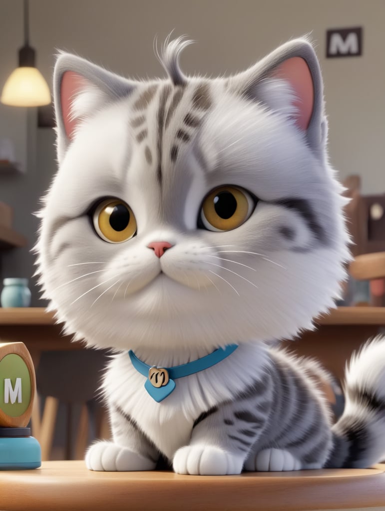 Маленькая полосатая серая короткошерстная кошка породы табби. Глаза янтарного цвета. Длинные белые усы. На шерсти макушки головы буква М. Сидит на столе