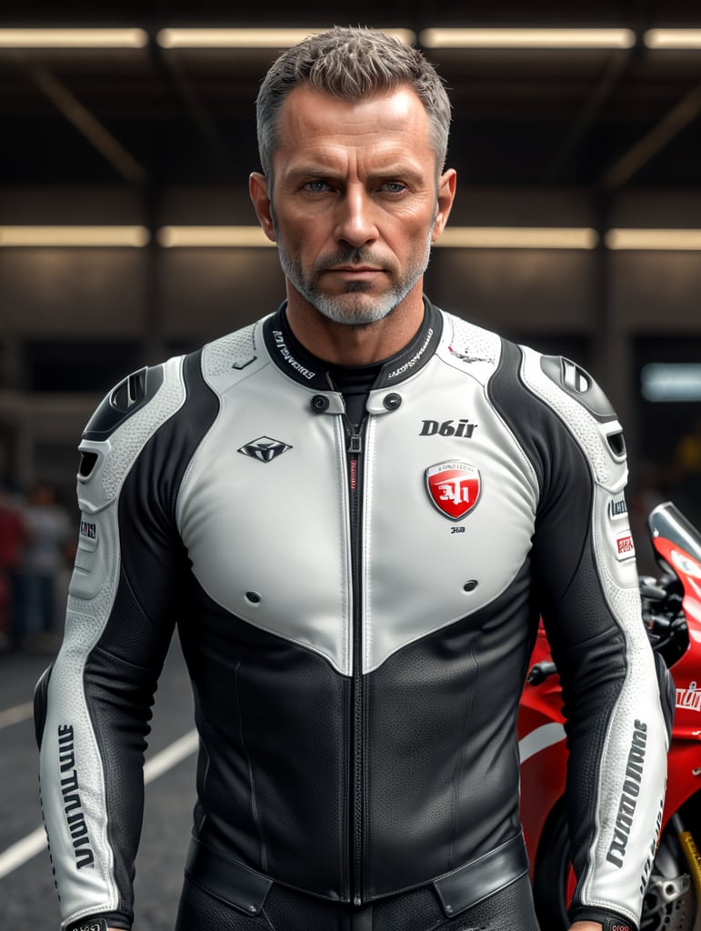 40 year old white man, serious, eye level front view, arms crossed, in a motorspeed track, a Ducati motorcycle close to him, he is resting after a race, wear just a tech baselayer undersuite