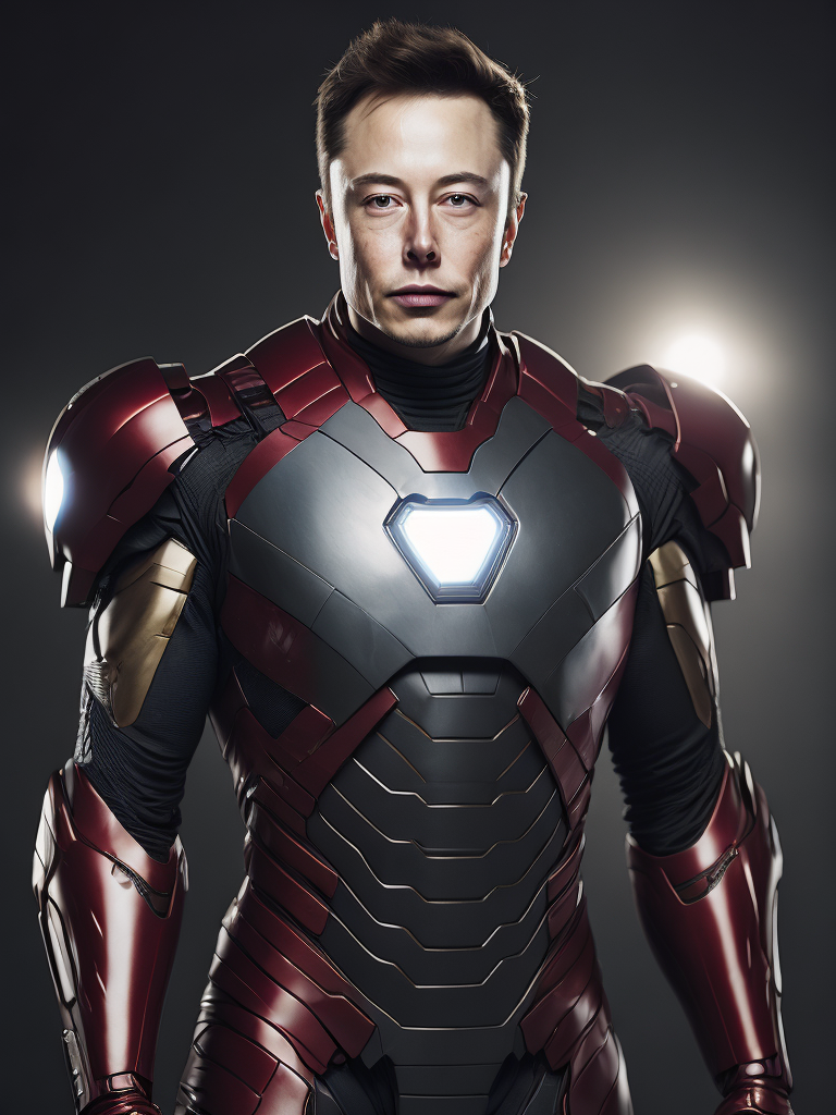 Elon Musk in the Iron Man suit from the Marvel Universe, Full body, high definition, photography, cinematic, detailed character portrait, detailed and intricate environment,