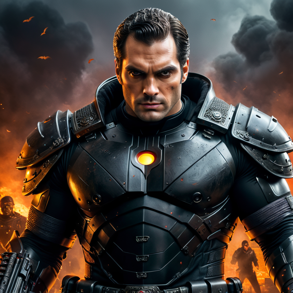 Portrait of a Henrycavill wearing scary Halloween costume, holding a gaint machine gun.