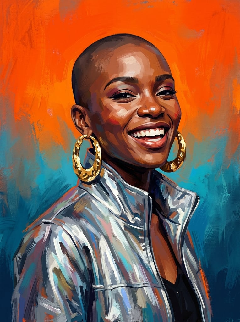 stylized portrait, young woman with shaved head, wide joyful smile, metallic silver jacket, large gold earrings, vibrant blocky brushstrokes, digital painting, bright orange and blue gradient background