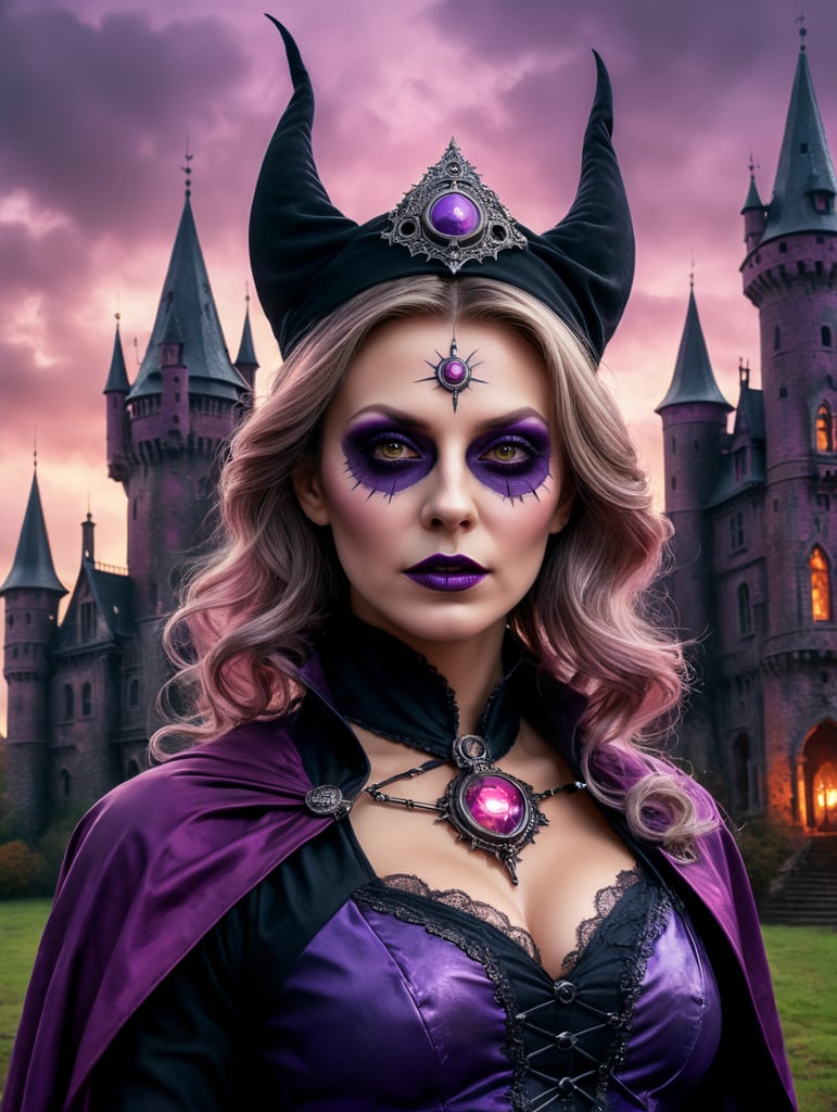 Portrait of Female Doctor in a witch costume for Halloween, scary dark makeup on her face, gloomy dark atmosphere, vintage 70s style, purple, pink, and black colors, high detail photo, a professional photo, against the backdrop of an old creepy castle, contrasting light, bright colors, deep dark atmosphere