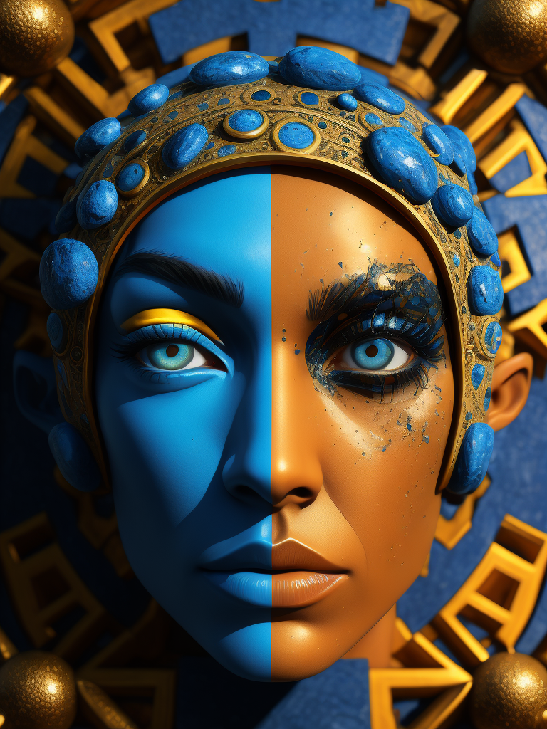 an image of a sculpture with a bright blue eye with black eyes, in the style of puzzle-like pieces, hieratic visionary, album covers, human connection, stone, yellow and azure, symmetry