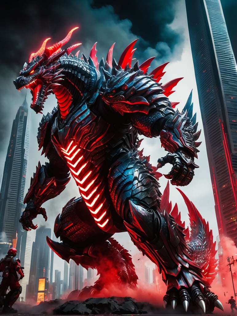 high ground angle shot, skyscrappers on low ground, a angry screaming Godzilla fusion Ender dragon, futuristic organic armor like creatures in action with white and red aura and unleashing an attacks, neon light, detailed anime style, fw murano style, full body GALAXY armour, plumes of jet black plumes smokes, In the style of Prokoko, with a focus on bold, expressive brushstrokes and vivid colors, The modifier is CarnageStyle, the color is blood_red, and the intensity is 1. 6, the lighting is cinematic, the angle is dynamic, the details are extreme
